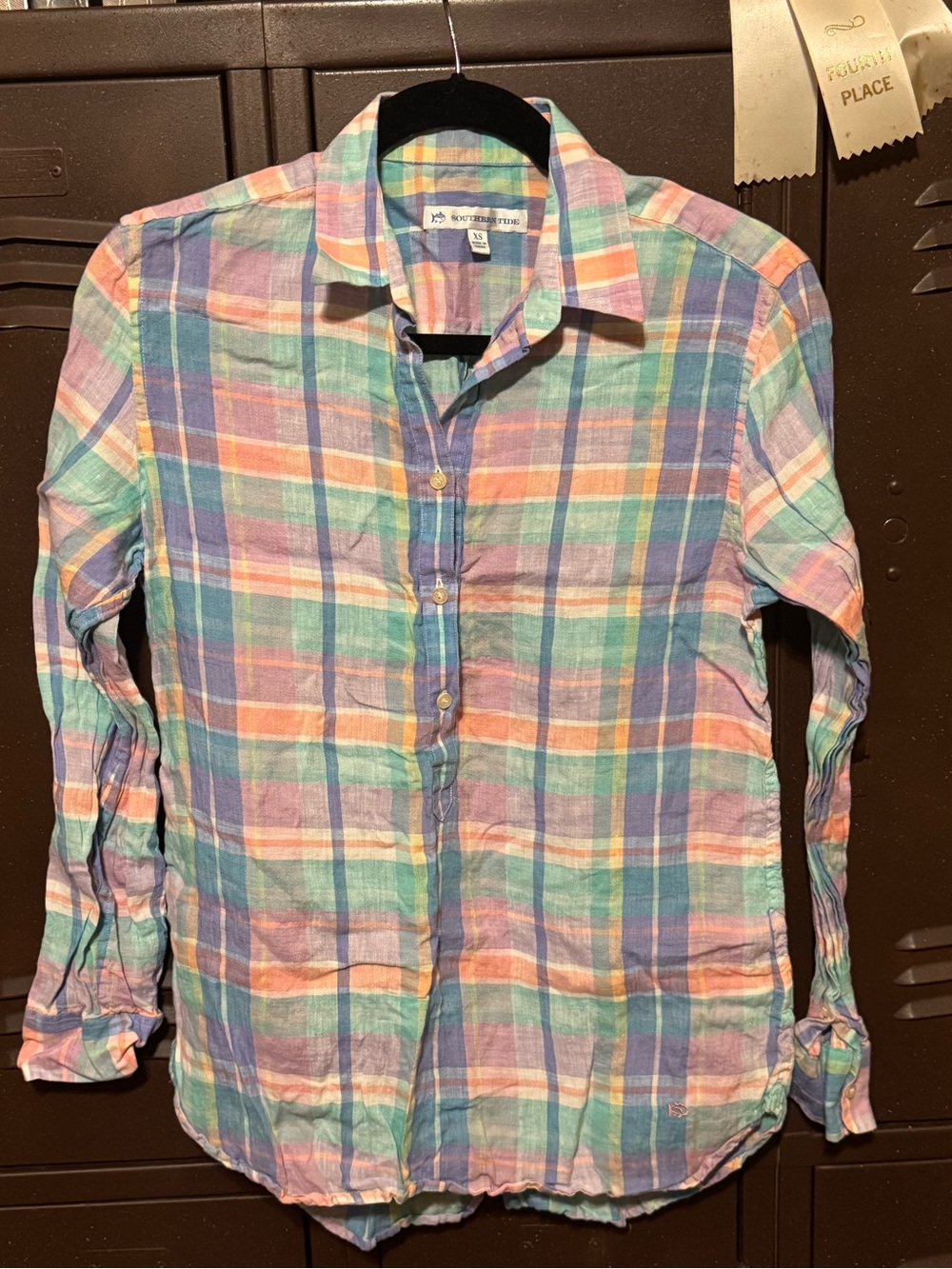 Southern Tide Linen Pastel Plaid 3/4 button up (popover)